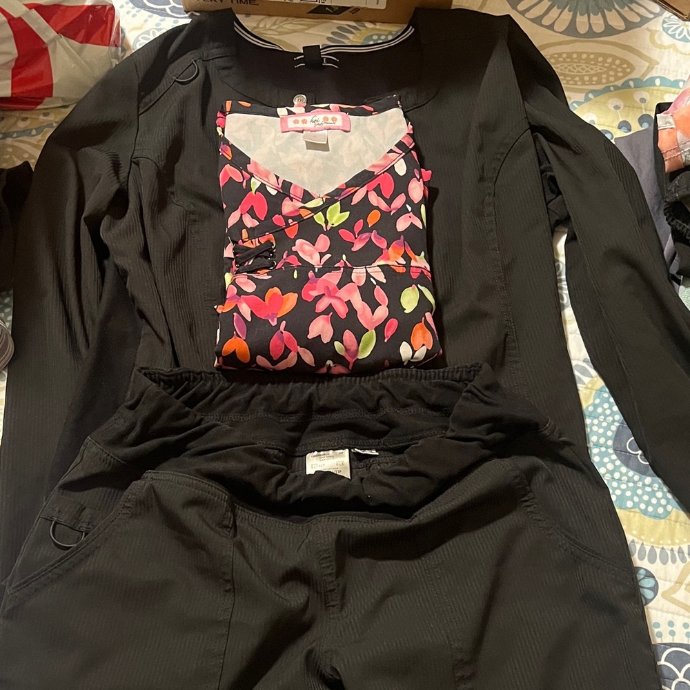 Elle Black Pin Stripe Scrub Set with Koi top.